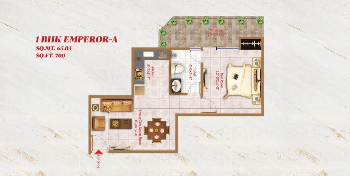 Alaknanda Towers 1 BHK Emperor A (700 sq ft) floor plan, River Valley Township, Dehradun