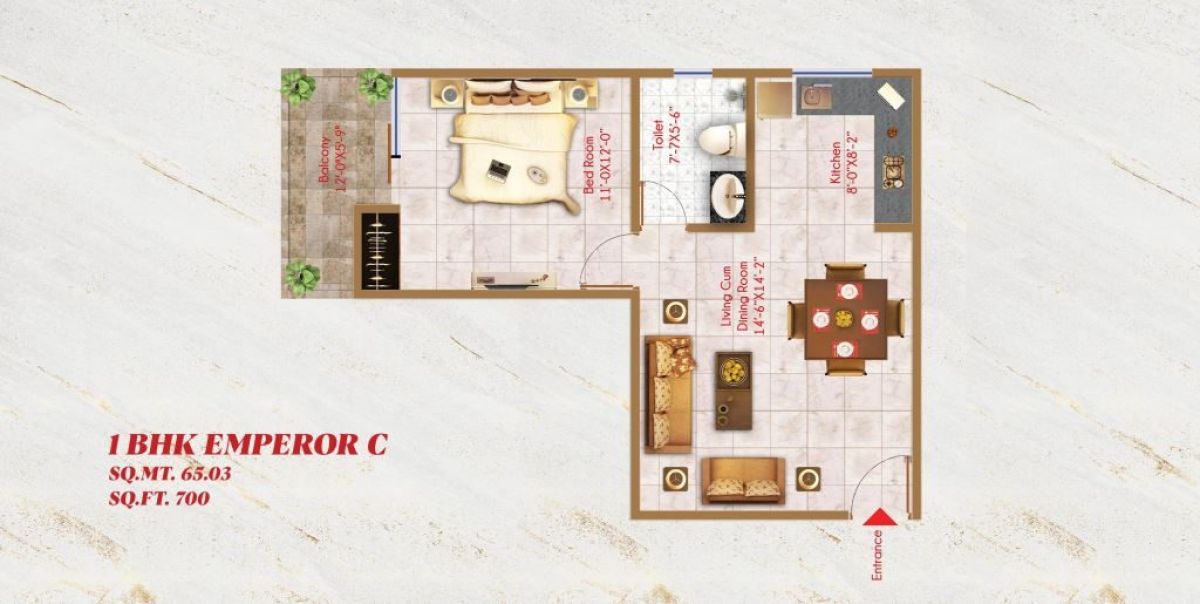 Alaknanda Towers 1 BHK Emperor C (700 sq ft) floor plan, River Valley Township, Dehradun