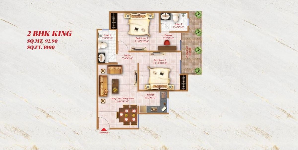 Alaknanda Towers 2 BHK King (1,000 sq ft) floor plan, River Valley Township, Dehradun