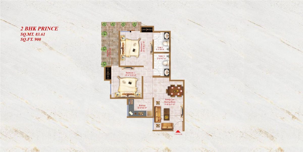 Alaknanda Towers 2 BHK Prince (900 sq ft) floor plan, River Valley Township, Dehradun