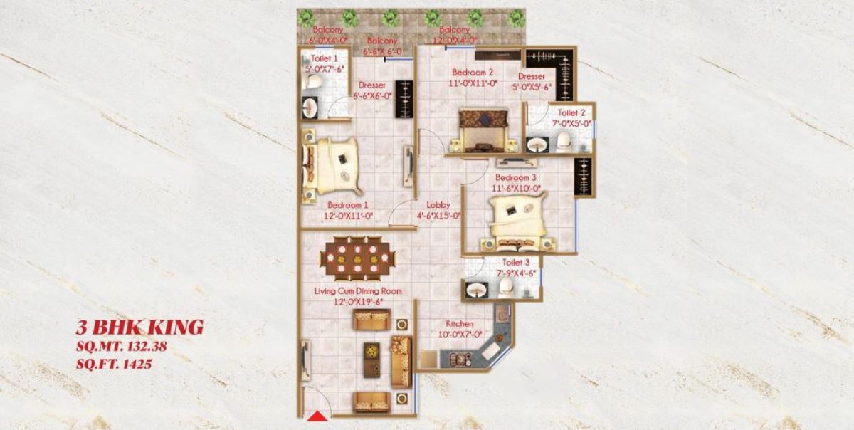Alaknanda Towers 3 BHK King (1,425 sq ft) floor plan, River Valley Township, Dehradun