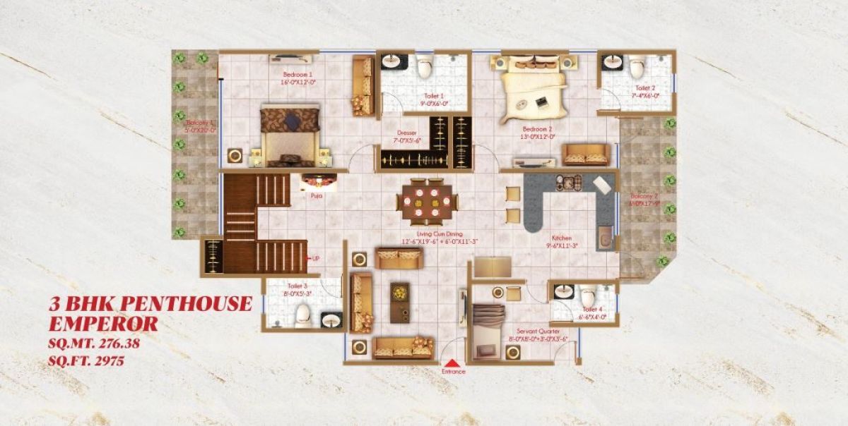 Alaknanda Towers 3 BHK Penthouse Emperor (2,975 sq ft) floor plan, River Valley Township, Dehradun