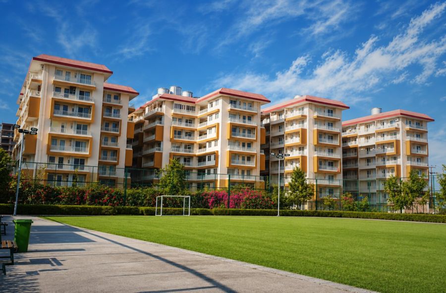 Bhagirathi Towers at River Valley Township, Dehradun: 2 BHK apartment towers behind the landscaped football ground