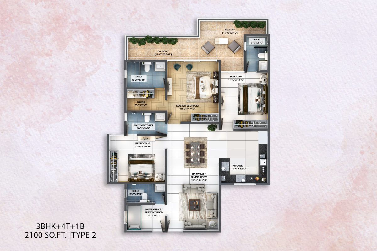 3 BHK Type 2 floor plan at Kaveri Towers, 2,100 sq ft: three bedrooms, home office or servant room, four toilets, wraparound balcony, kitchen and drawing/dining room