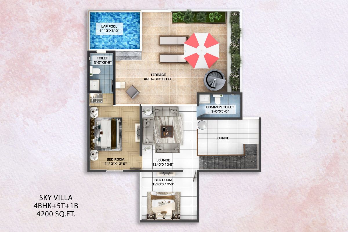 4 BHK Sky Villa upper level floor plan at Kaveri Towers: two bedrooms, lounge and a 605 sq ft terrace with lap pool