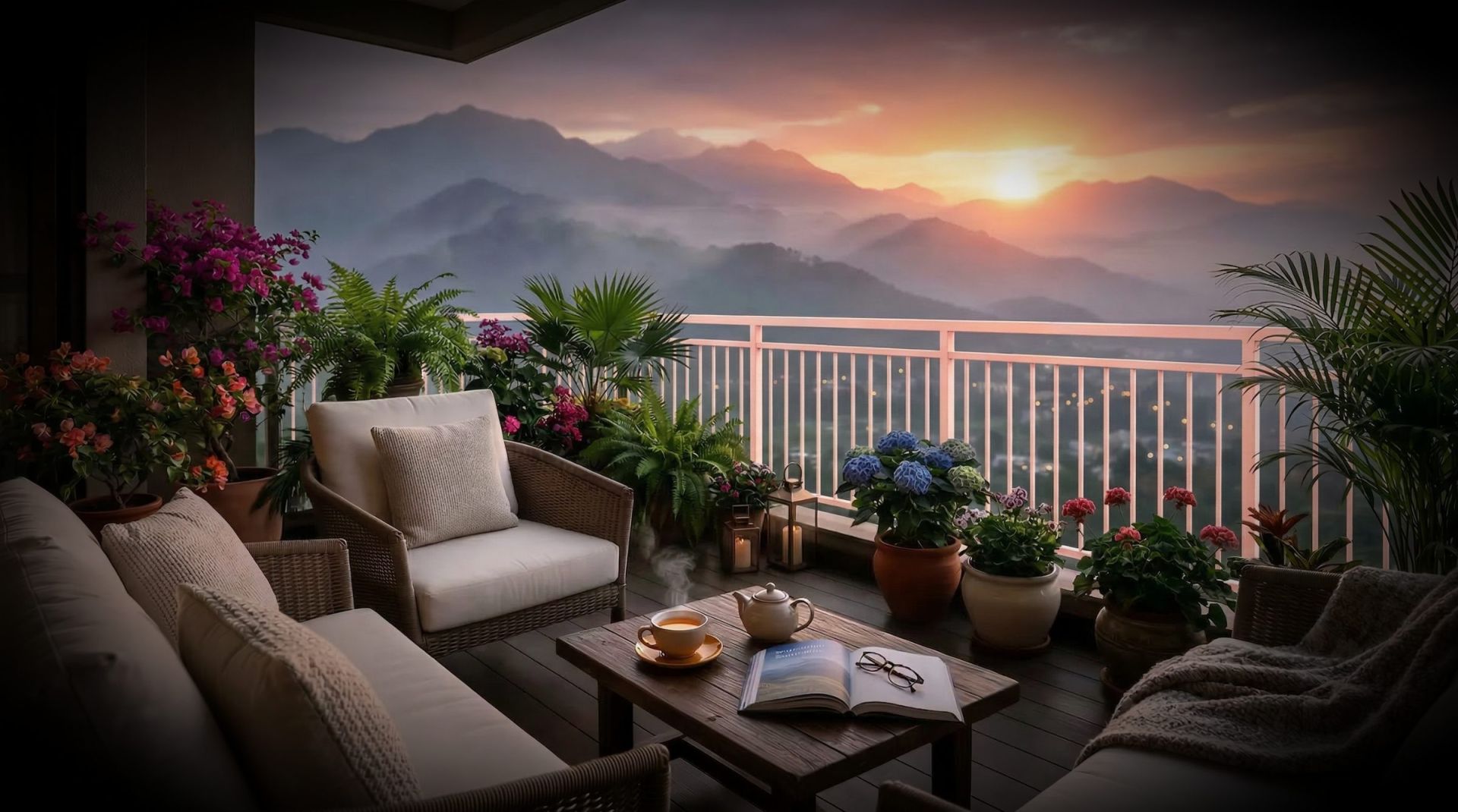 Render of a Kaveri Towers balcony with seating and flowers, overlooking the hills at sunset