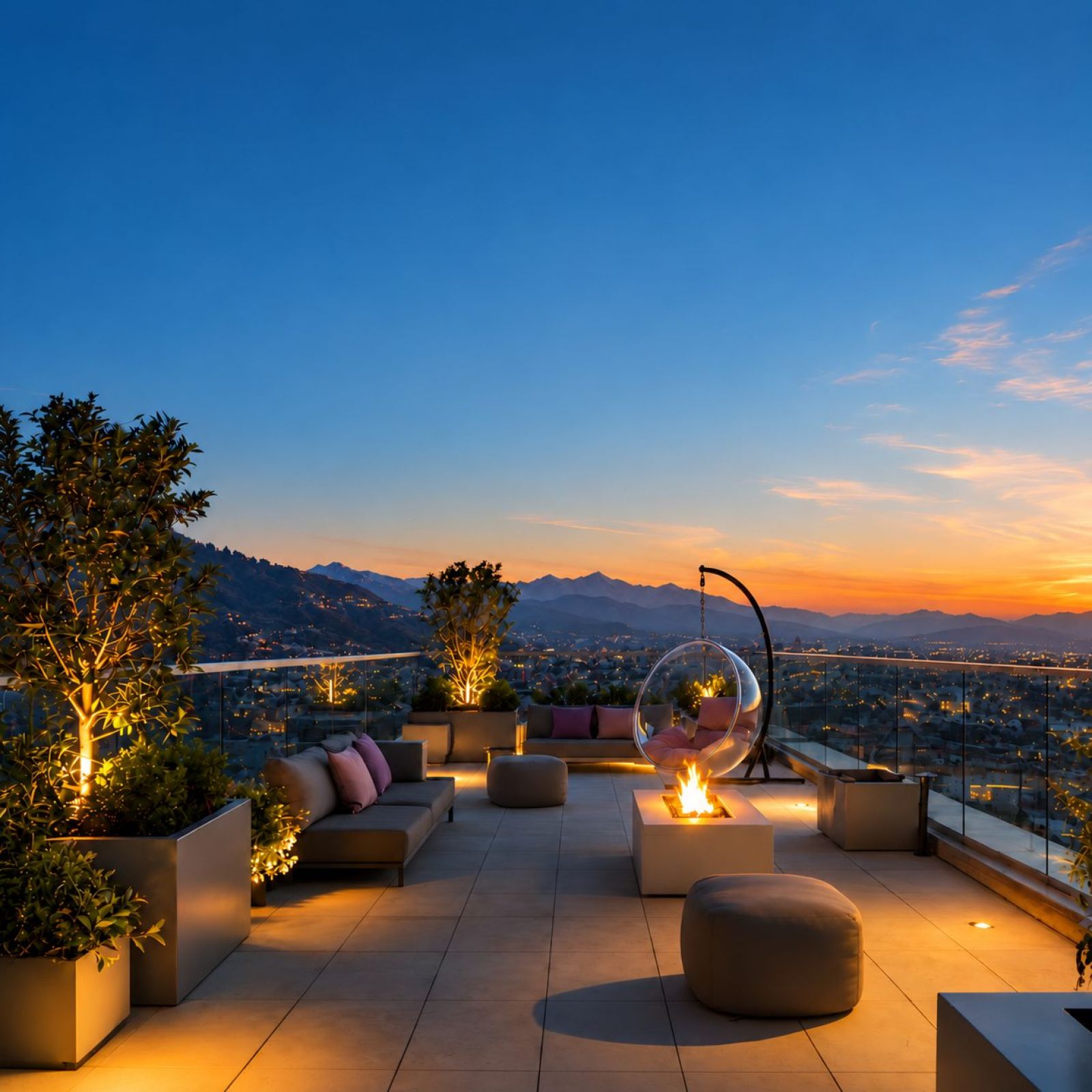 Render of the Kaveri Towers rooftop lounge with fire pit and seating at dusk, Dehradun hills behind