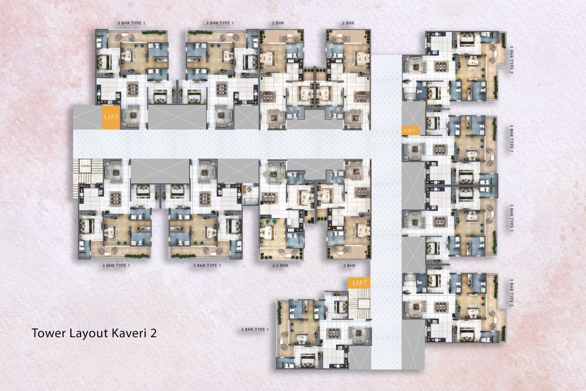 Kaveri Tower 2 typical floor layout with 2, 2.5, 3 and 4 BHK apartments along the corridor