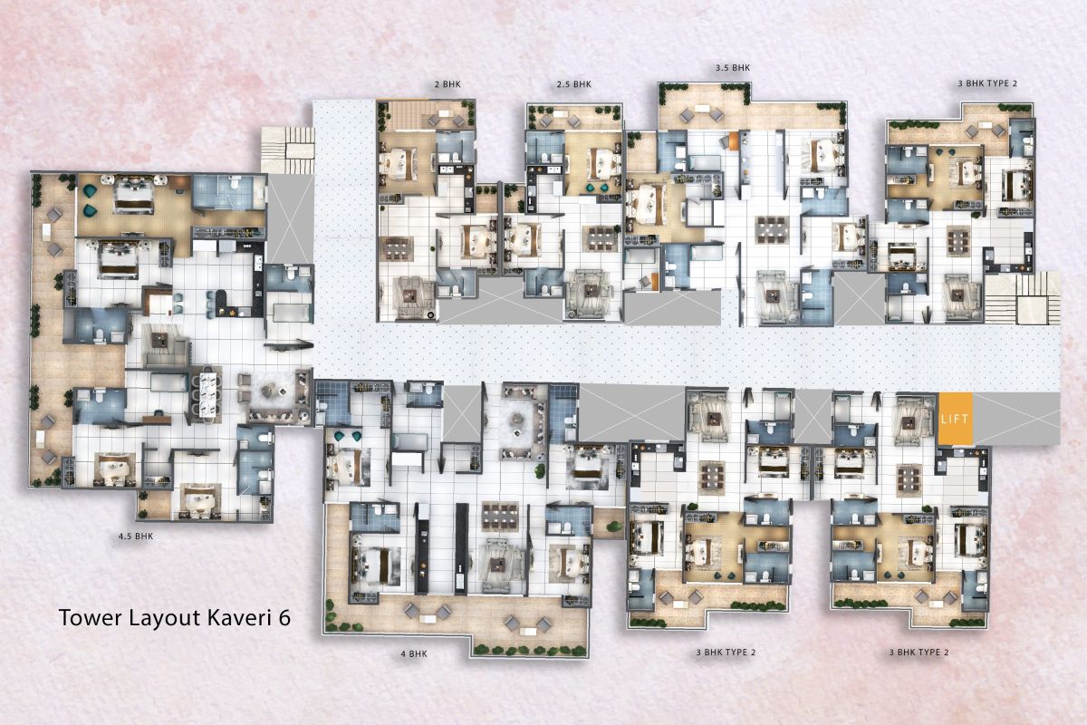 Kaveri Tower 6 typical floor layout with 2 to 4.5 BHK apartments along the corridor