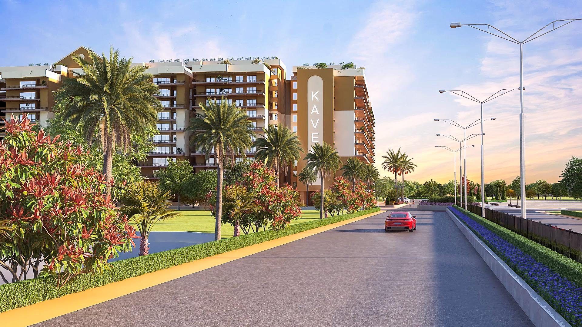 Kaveri Towers front elevation with palm-lined avenue at River Valley Township, Dehradun