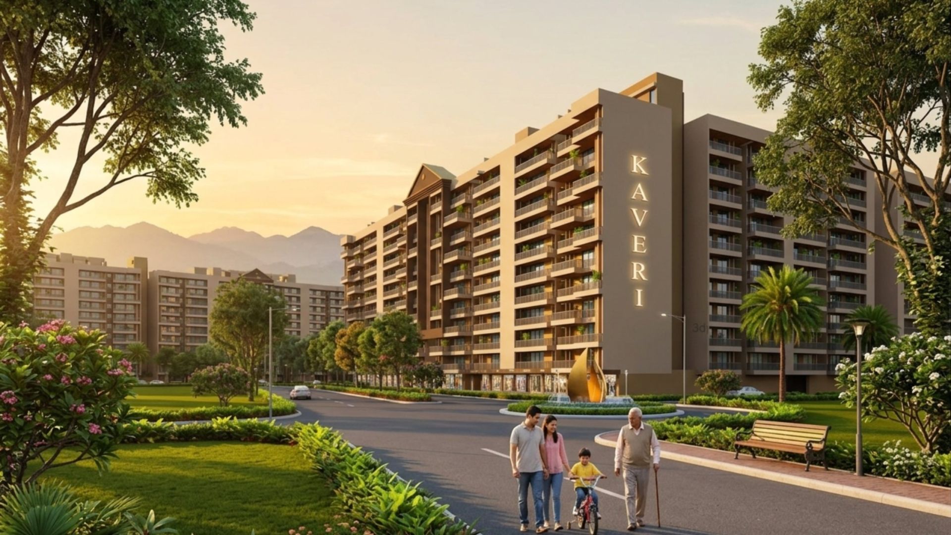 Kaveri Towers at River Valley Township, Dehradun, at golden hour with families walking along the avenue