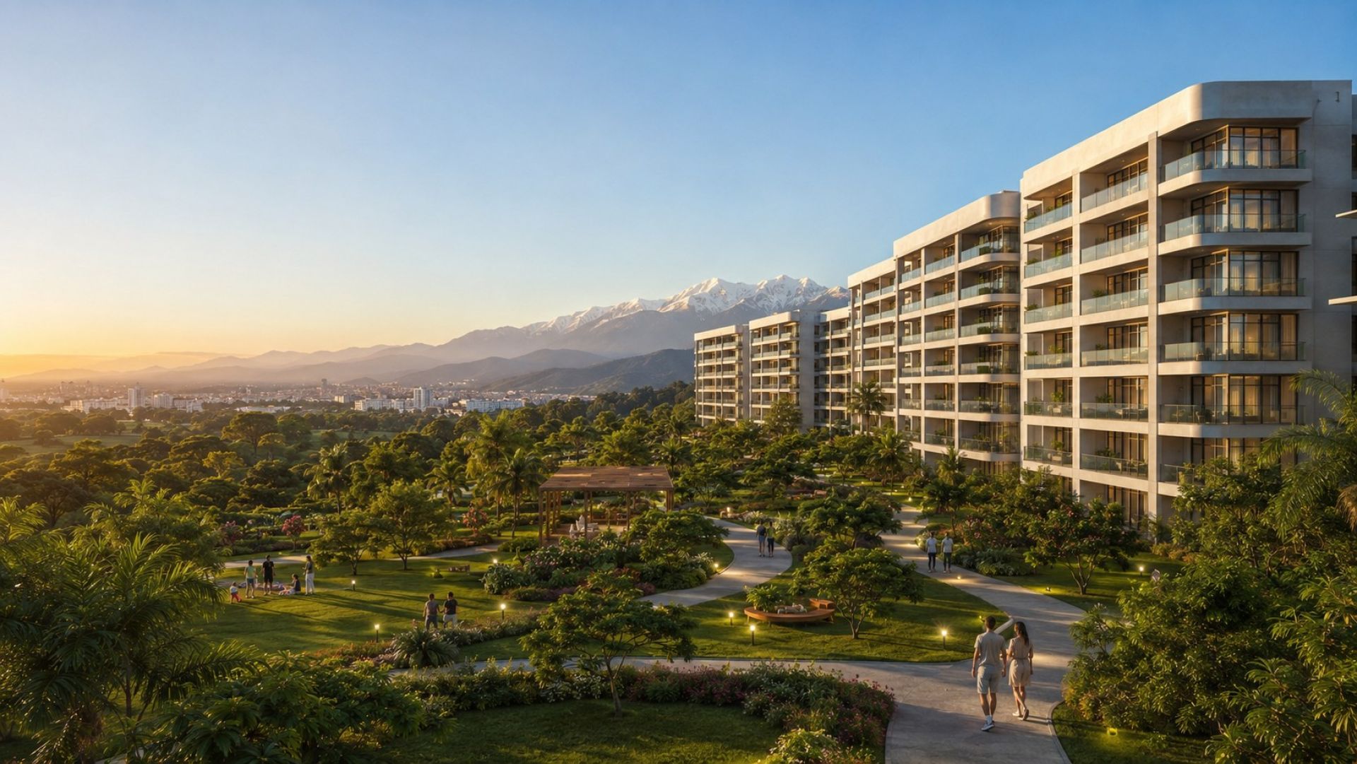 Landscaped gardens and walking paths beside the residential towers at River Valley Township at sunset, with Himalayan peaks